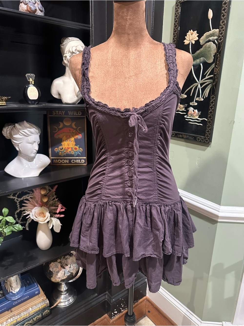 Ecote Olive Ruffled Drop Waist Corset Mini Dress Brown Urban Outfitters Size Med